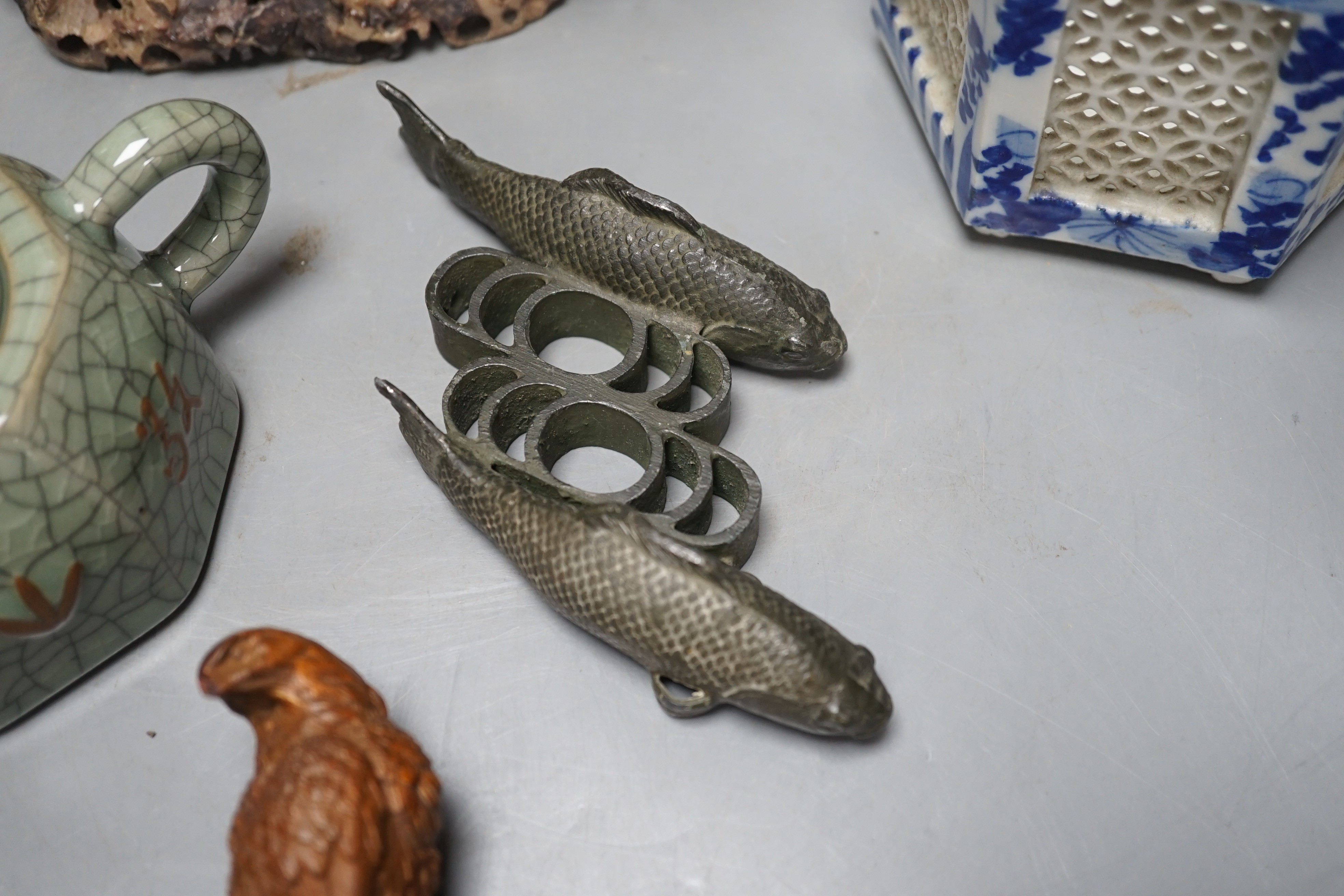 A group of Chinese and Japanese ceramics, carvings etc. 20cm